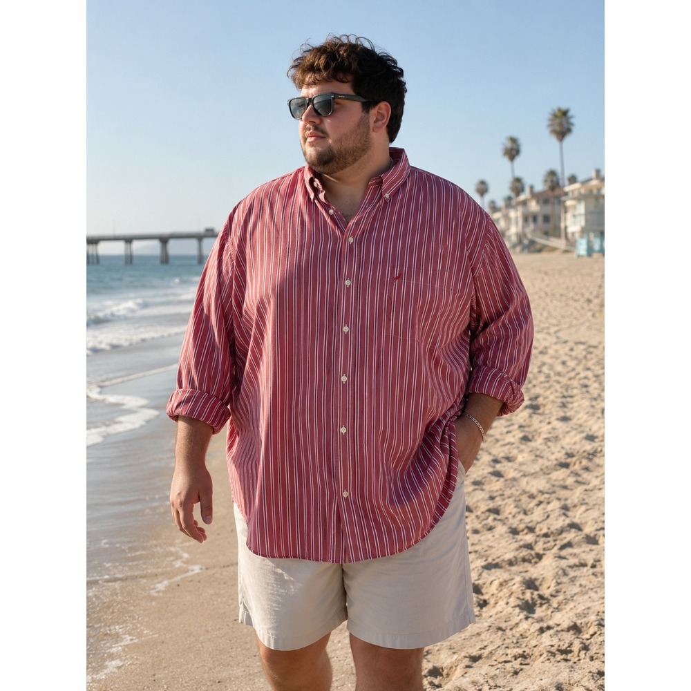 Nautica Button Down Shirt Mens 5X Red White Striped Wrinkle Resistant Cotton